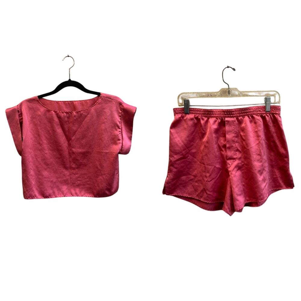 Vintage Elise Stevens Pink Satin Pajama Set Top Shorts Lingerie Sleepwear M
